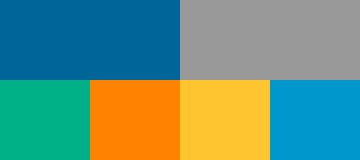 A grid of six rectangles in two rows, each a different solid color: blue, gray, teal, orange, yellow, and light blue.