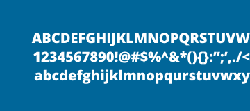 White bold sans-serif letters, numbers, and symbols displayed on a blue background, showing both uppercase and lowercase alphabets.
