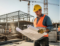 Rectangle 5 (3) A construction worker in a hard hat and safety vest examines blueprints at an active construction site with steel framework and cranes in the background.