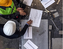 Rectangle 5 (7) Two people in safety gear review technical documents on a table, surrounded by tools and metal parts in an industrial setting.