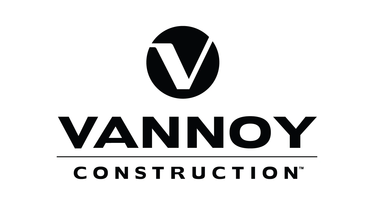 Vannoy Logos_Black Black and white Vannoy Construction logo with a stylized “V” in a circle above the words “Vannoy Construction” in bold, uppercase letters.