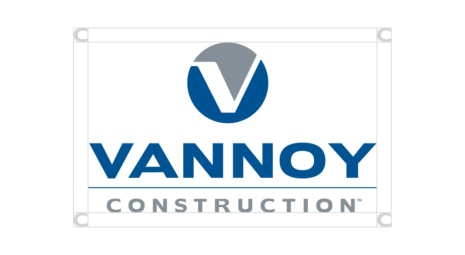 Vannoy Logos_Clear Space Vannoy Construction logo featuring a blue “V” inside a gray and blue circle above the words “Vannoy Construction” in bold blue and gray text on a white background.