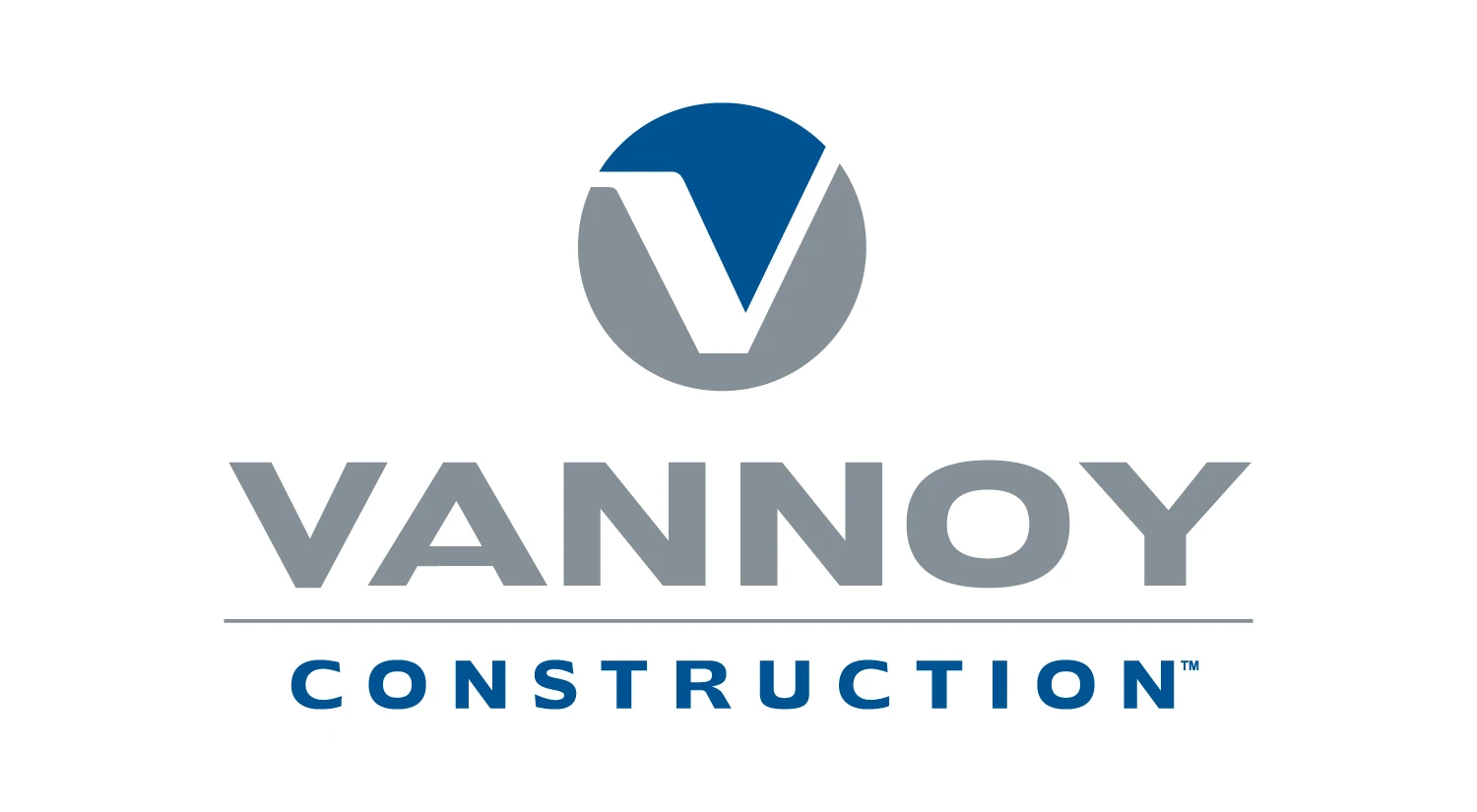 Vannoy Logos_Don't_1 Vannoy Construction logo with a stylized “V” in a blue and gray circle above the company name in bold gray and blue text on a white background.