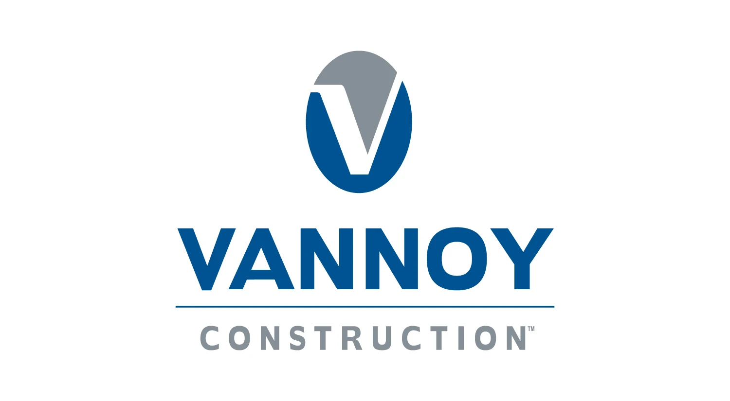 Vannoy Logos_Don't_5 Vannoy Construction logo with a blue and gray stylized “V” above the company name in blue and gray text on a white background.