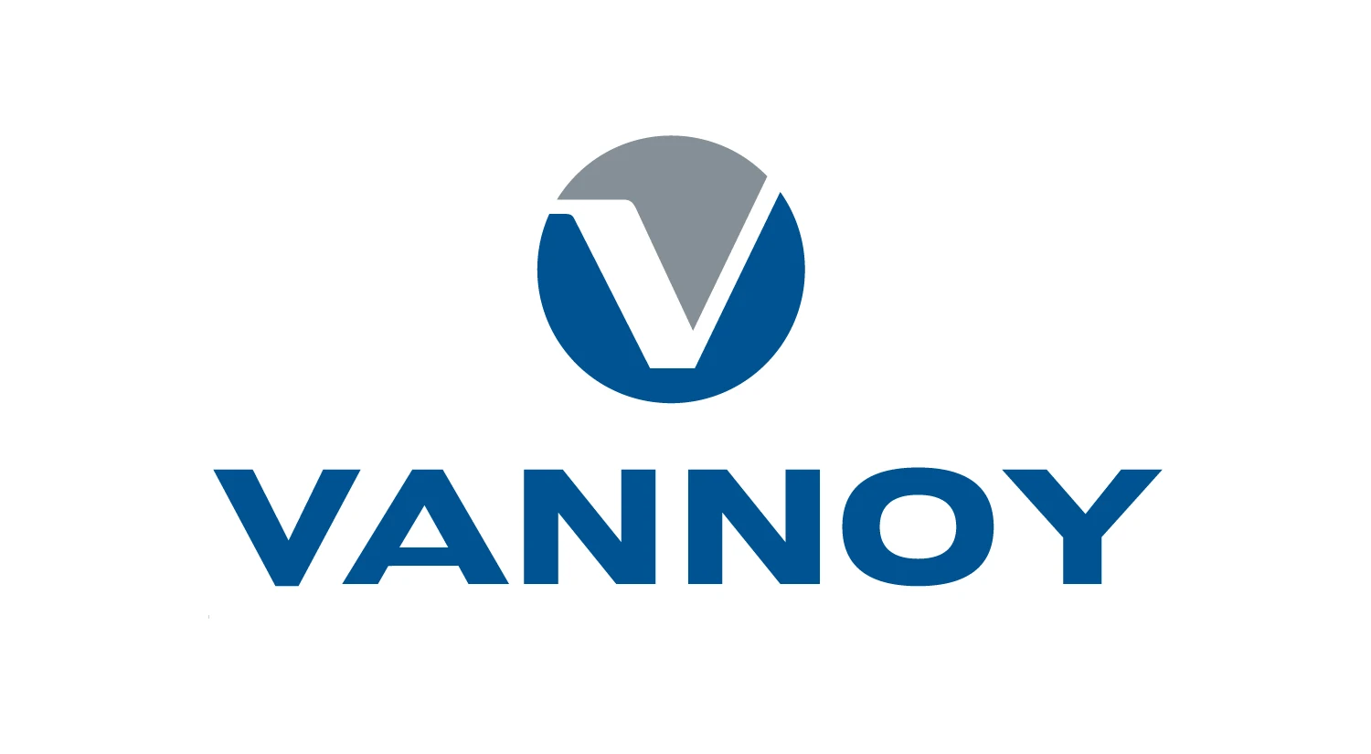 Vannoy Logos_Don't_6 Blue and gray “V” logo above the word “VANNOY” in bold blue capital letters on a white background.