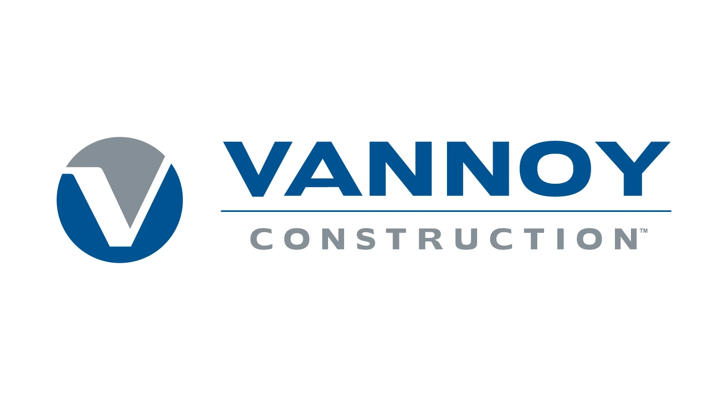 Vannoy Logos_Horizontal Vannoy Construction logo with a stylized “V” in a blue and gray circle to the left of the company name in blue and gray text on a white background.