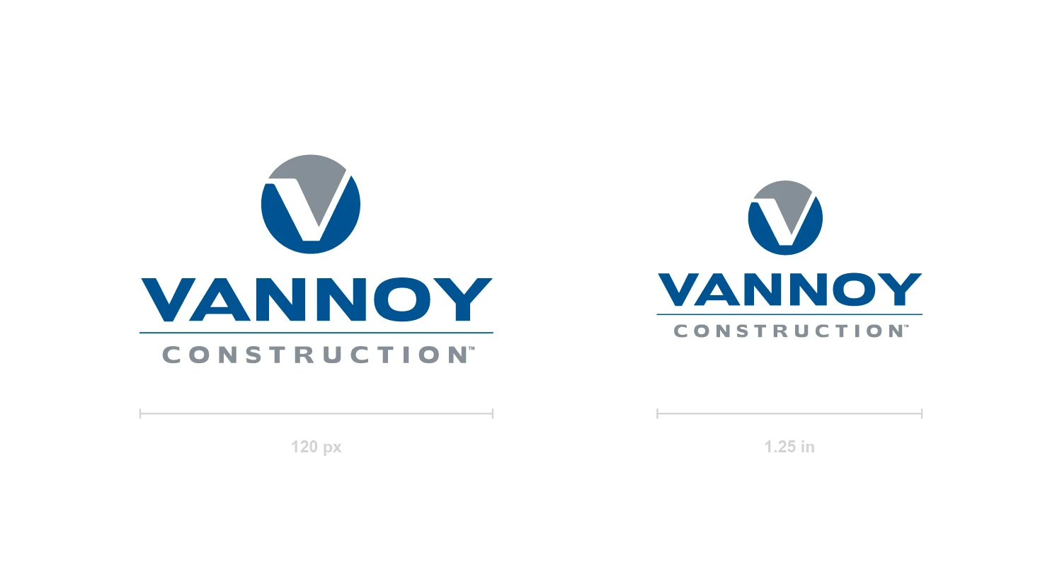 Vannoy Logos_Sizing Two Vannoy Construction logos in blue and gray, each with a stylized “V” in a circle above the text, displayed at 120 px and 1.25 in widths.